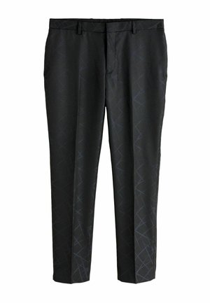 Black trousers featuring a geometric pattern in dark blue. Made from a smooth fabric, they have a straight cut and belt loops.