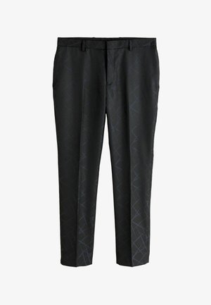 Mustat housut, joissa on tummansininen geometrinen kuvio. Valmistettu sileästä kankaasta, niissä on suora leikkaus ja vyölenkit.