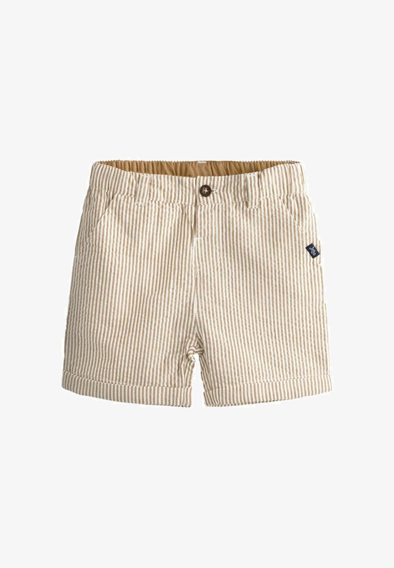Shorts pour tout-petit à rayures beige et blanches avec poches avant, fermeture par bouton, taille élastique et petite étiquette de marque en tissu sur le côté.