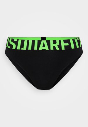 Čierne bikini nohavičky s elastickým zeleným pásom s veľkým čiernym potlačou. Hladká tkanina, klasický strih, vhodné na rôzne príležitosti.