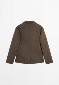 Brown wool-blend blazer with a notched collar, single back vent, and long sleeves, showcasing a textured finish.