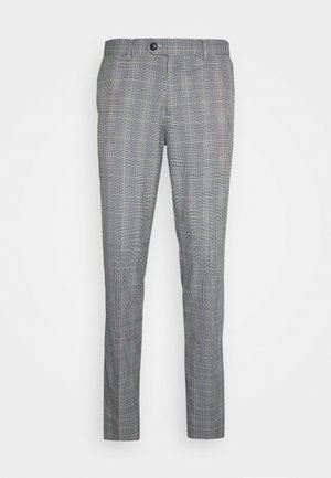 Graue Slim-Fit-Hose mit schwarz-weißem Karomuster, Knopfverschluss und Gürtelschlaufen, auf weißem Hintergrund dargestellt.