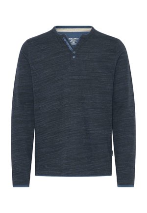 Férfi hosszú ujjú Henley póló sötétkék márványos anyagból, háromgombos kivágással és kontrasztos nyakbéléssel.