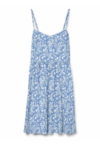 Robe sans manches bleu clair avec des motifs floraux et de feuillage blancs, corsage ajusté et jupe évasée. Fabriquée en tissu doux et léger.