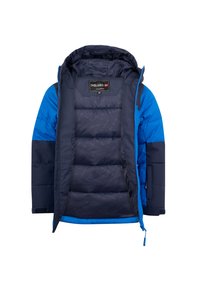 Modrá a námořnická prošívaná bunda s kapucí, která má plný zip, suché zipy na manžetách a vnitřní podšívku s jemným vzorem.