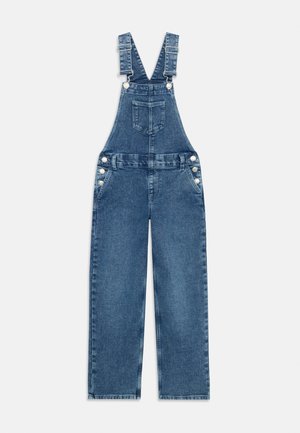 Blå denim overalls med justerbare skulderstropper, frontlomme på brystet, sideknapper og brede lige ben.