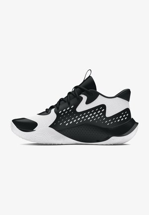 Black and white athletic shoe with mesh and synthetic materials, curved design, perforated accents, and a textured rubber sole.