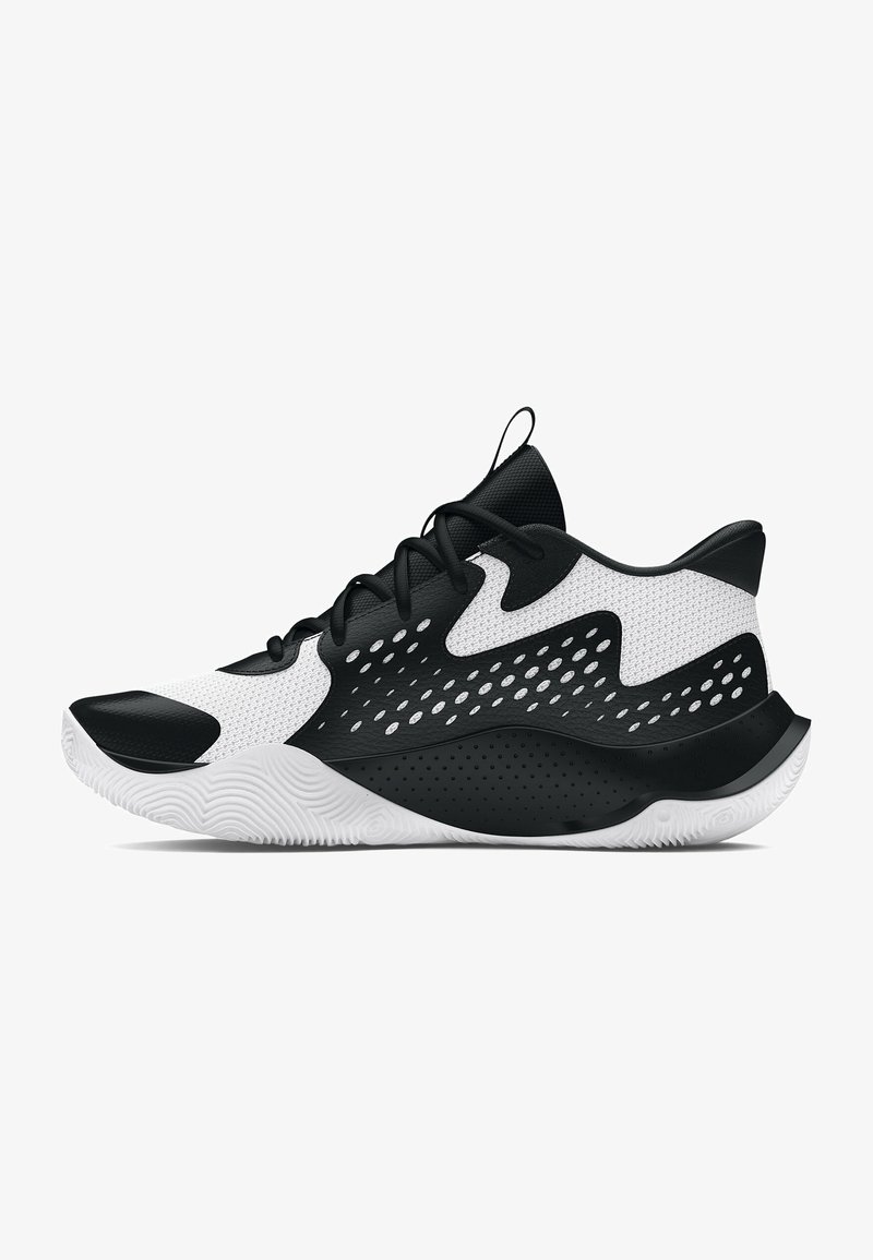 Musta-valkoinen urheilusneakers, jossa on verkko- ja synteettisiä materiaaleja, kaareva muotoilu, rei'itetyt yksityiskohdat ja tuntuva kumipohja.