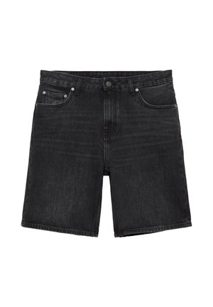 Black denim shorts with front button, zipper closure, belt loops, and five-pocket design laid flat on a white background.