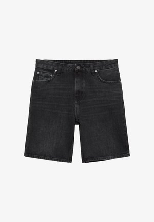 Black denim shorts with front button, zipper closure, belt loops, and five-pocket design laid flat on a white background.