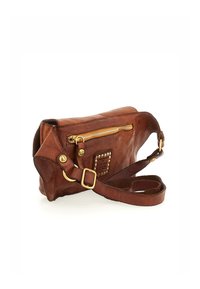 Borsa a tracolla in pelle marrone con finitura texturizzata, dettagli in metallo dorato, tasca frontale con zip e dettagli borchiati sul lato.