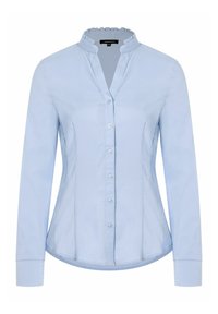 Chemise à manches longues bleu clair avec un col froncé, fermeture à boutons sur le devant et une coupe ajustée. Fabriquée dans un tissu lisse avec un léger éclat.