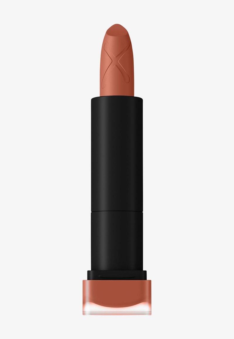 Lipstick in a sleek black casing with a matte finish. The vibrant shade is a warm, muted coral with a smooth, creamy texture.