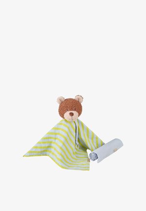 Brauner Teddybärkopf, der an eine gelb-weiß gestreifte Babydecke angenäht ist, daneben liegt ein zusammengerolltes hellblaues Tuch.