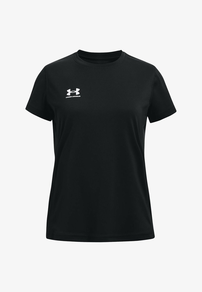 Čierne tričko s krátkym rukávom vyrobené z hladkej látky, s okrúhlym výstrihom a bielym logom Under Armour na ľavej strane hrudníka.