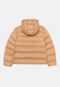 Veste en duvet de couleur beige clair, présentant un motif matelassé, une capuche et une texture lisse. Conçue pour la chaleur avec une silhouette structurée.