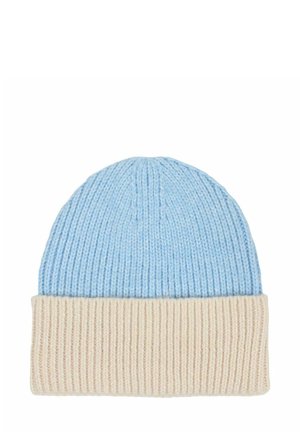 Strickmütze mit einem hellblauen Oberteil und einem cremefarbenen, gefalteten Rippenbündchen. Hergestellt aus weichem Garn, bietet sie eine enge Passform mit vertikaler Textur.