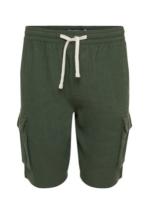 Olivgrüne Cargo-Shorts mit Elastikbund und Kordelzug, ausgestattet mit zwei seitlichen Taschen und einem weichen, strukturierten Stoff.