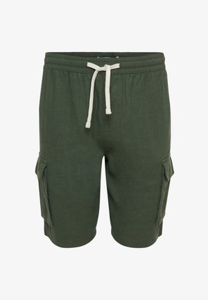 Olivgrüne Cargo-Shorts mit Elastikbund und Kordelzug, ausgestattet mit zwei seitlichen Taschen und einem weichen, strukturierten Stoff.