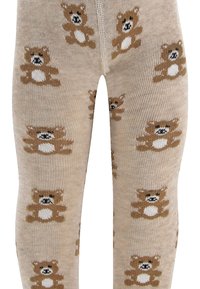 Legginsy beżowe do kolan z powtarzającym się wzorem brązowych misiów z białymi brzuszkami, wykonane z miękkiego, elastycznego materiału.