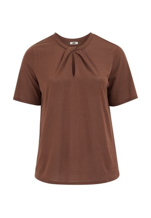 Blouse marron à manches courtes avec un col rond, comportant une petite découpe en forme de trou de serrure et un détail de tissu torsadé au centre devant.