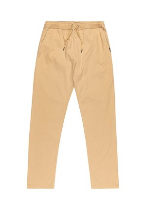 Beige lichte broek met een elastische tailleband en koord, voorzien van zijzakken en een taps toelopend ontwerp. Glad stoftextuur.