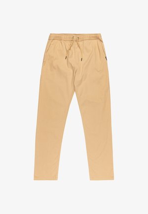 Beige lichte broek met een elastische tailleband en koord, voorzien van zijzakken en een taps toelopend ontwerp. Glad stoftextuur.