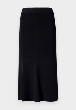 Schwarzer, knielanger Rock mit einem taillierten Bund und dezent ausgestelltem Design. Der Stoff wirkt glatt und hat eine minimale Textur. Keine sichtbaren Muster.