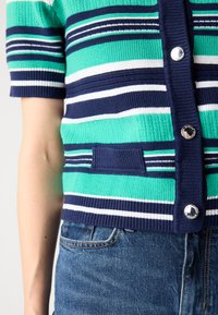 Cardigan rayé vert, marine et blanc, avec des manches courtes, un devant à boutons, une texture côtelée et un détail de poche sur le devant.