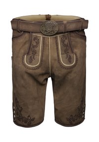 Brown leather shorts with detailed embroidery, featuring a waistband and decorative buttons on the sides. Textured, durable material.