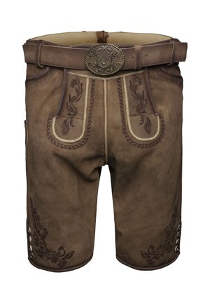 Pantalones cortos de cuero marrón con bordado detallado, que presentan una cinturilla y botones decorativos a los lados. Material texturizado y duradero.