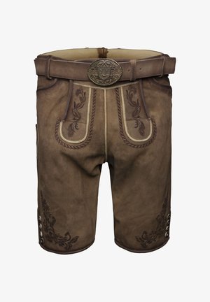 Pantalones cortos de cuero marrón con bordado detallado, que presentan una cinturilla y botones decorativos a los lados. Material texturizado y duradero.