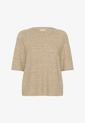 Bežs īsu piedurkņu adītais džemperis ar apaļu kakla izgriezumu, raglāna piedurknēm, ribotu apakšmalu un sānu šķēlumiem, izgatavots no mīksta, faktūru bagāta materiāla.