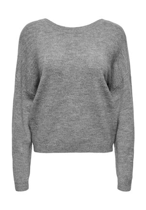 Pehme hall kootud kampsun pikkade varrukatega, ümmarguse kaelusega ning soonikkoes mansettide ja alläärega, esiküljega valgel taustal.