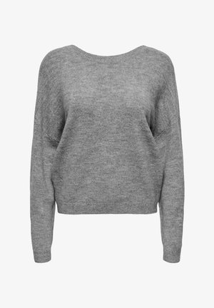 Pehme hall kootud kampsun pikkade varrukatega, ümmarguse kaelusega ning soonikkoes mansettide ja alläärega, esiküljega valgel taustal.