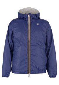 Giacca in nylon blu navy con cappuccio, zip frontale e striscia multicolore a contrasto. Presenta polsini elasticizzati e una texture liscia e lucida.