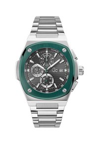 Stříbrné hodinky z nerezové oceli se zeleným rámečkem, šedým texturovaným ciferníkem, třemi podčíselníky a náramkem s články. Disponují okénkem pro datum a tachymetrem.