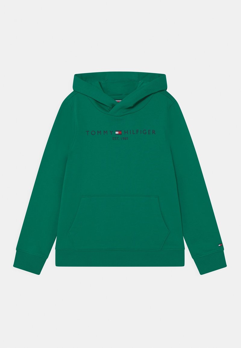 Sudadera verde hecha de un tejido suave con un bolsillo frontal, que presenta un estampado de logo en negro y puños y dobladillo acanalados.