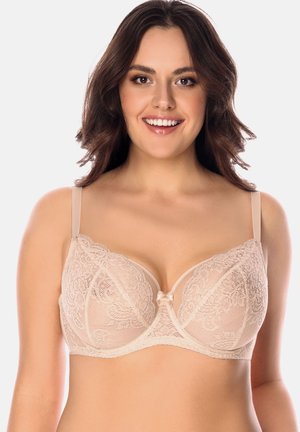 Lace bra in nude color with underwire support. Features intricate floral patterns, adjustable straps, and a small bow accent at the center.