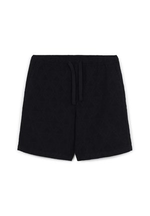 Shorts da bagno neri realizzati in tessuto testurizzato, con motivo a diamante su tutta la superficie, vita elastica con cordoncino per una vestibilità regolabile.