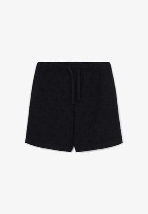 Schwarze Badeshorts aus strukturiertem Stoff mit einem durchgehenden Diamantmuster, elastischem Bund und Kordelzug für eine verstellbare Passform.
