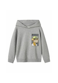 Sudadera gris con un gran bolsillo frontal, que presenta un gráfico de un personaje con gafas de sol y la palabra "ABURRIDO". Fabricada en suave algodón, con un corte holgado.