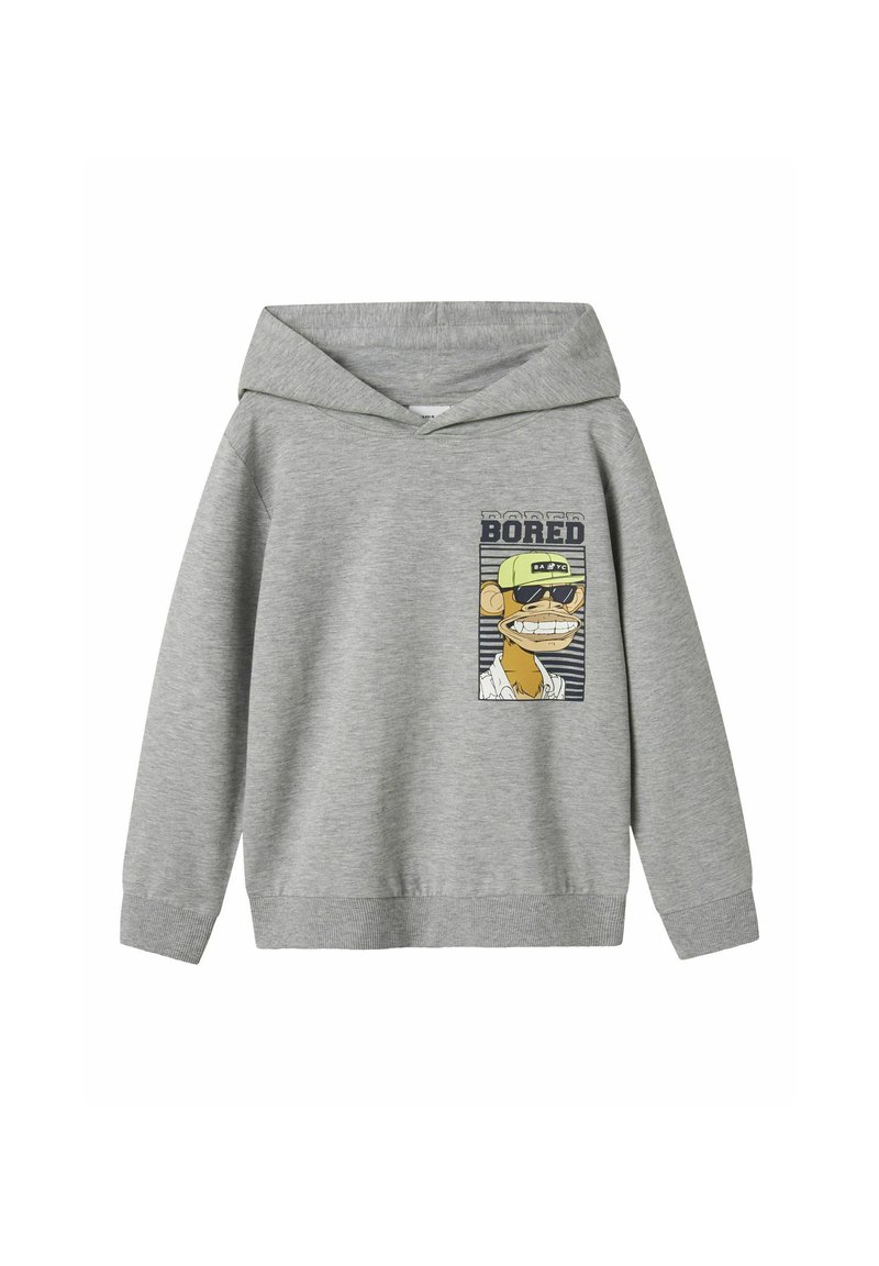 Sudadera gris con un gran bolsillo frontal, que presenta un gráfico de un personaje con gafas de sol y la palabra "ABURRIDO". Fabricada en suave algodón, con un corte holgado.