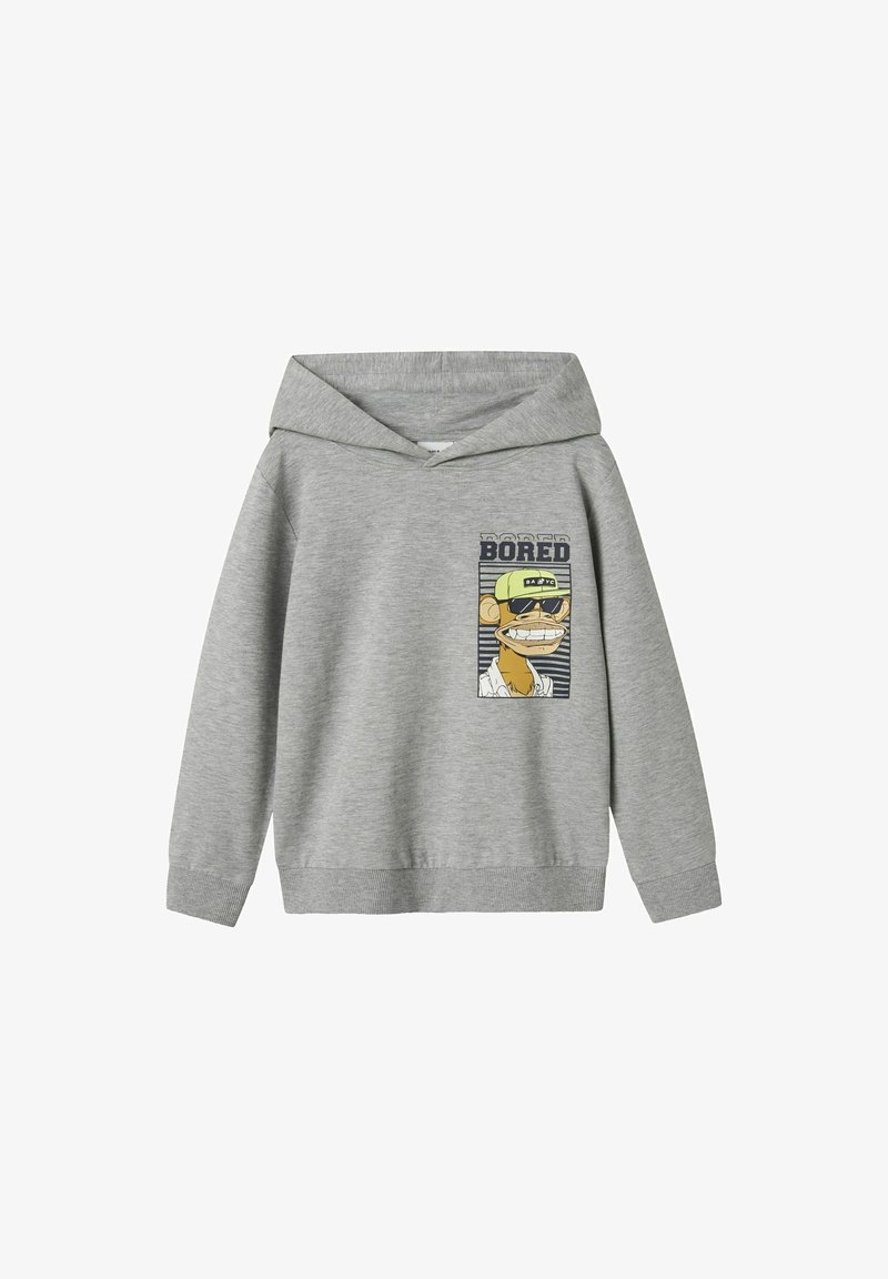 Sudadera gris con un gran bolsillo frontal, que presenta un gráfico de un personaje con gafas de sol y la palabra "ABURRIDO". Fabricada en suave algodón, con un corte holgado.