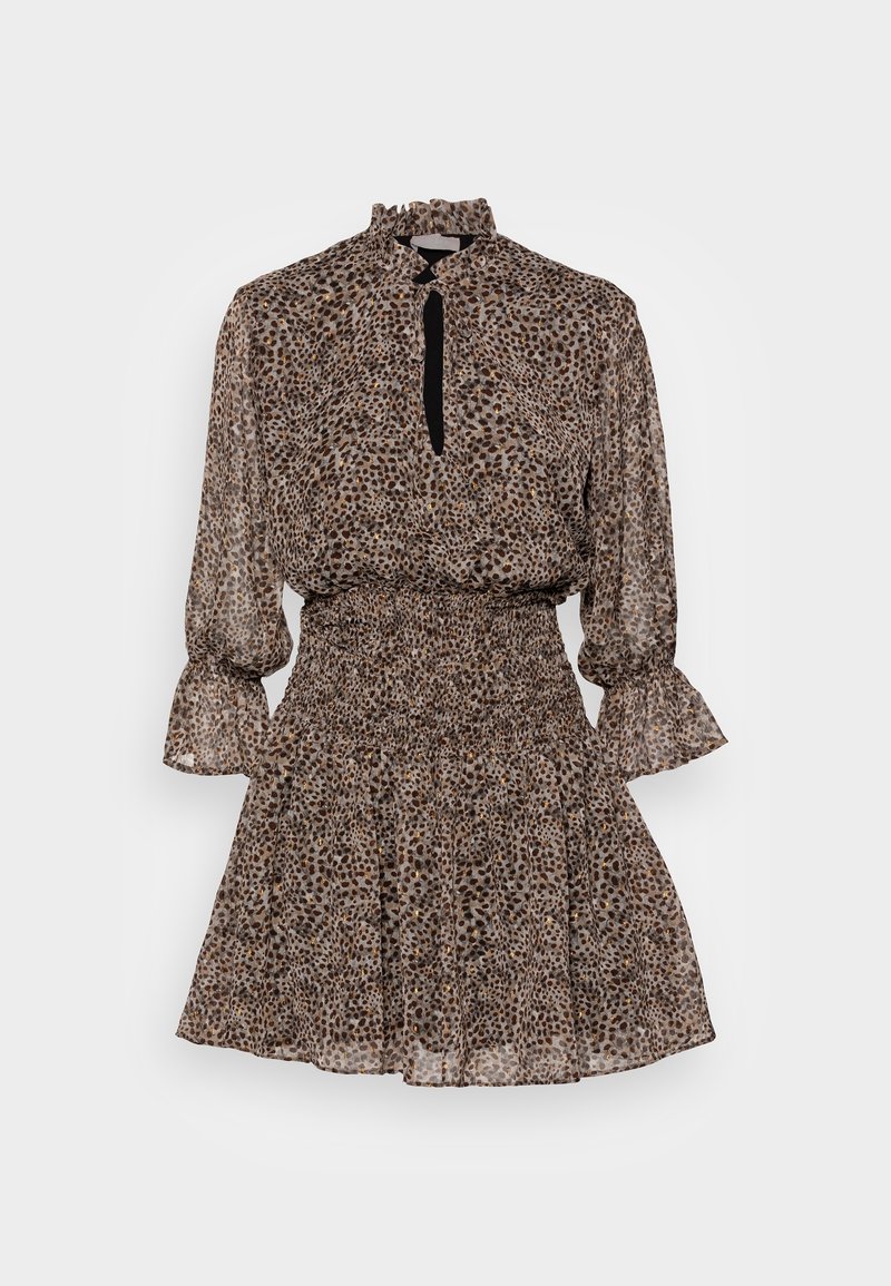 Robe marron et noire à pois avec manches longues, col montant à volants, encolure en goutte d'eau, taille élastique et jupe mini évasée.