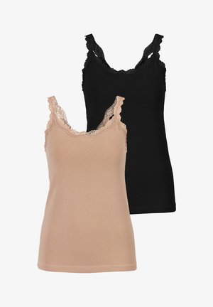 Two camisole tops in beige and black. Both feature lace trim on the neckline and straps. Made from soft, ribbed material.