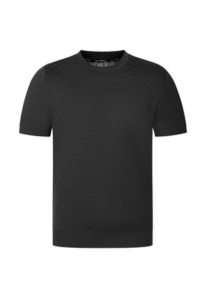 T-shirt nera a maniche corte con scollo tondo, motivo strutturato e collo e bordi delle maniche a costine, mostrata su sfondo bianco.