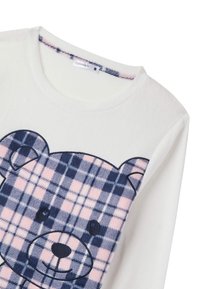 Biała bluza z dużym motywem misia. Miś ma niebiesko-różowy wzór w kratkę. Okrągły dekolt i miły w dotyku materiał.
