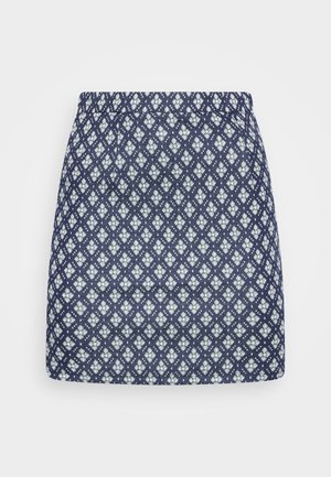 Mini-jupe bleu marine avec motif géométrique blanc en losange et floral, taille élastique.