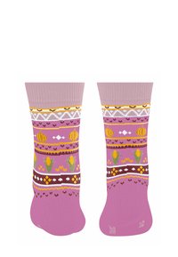 Rosa Socken mit gemusterten Bändern in Gelb, Weiß und Braun sowie floralen und geometrischen Designs. Weiche Textur; gerippte Bündchen.